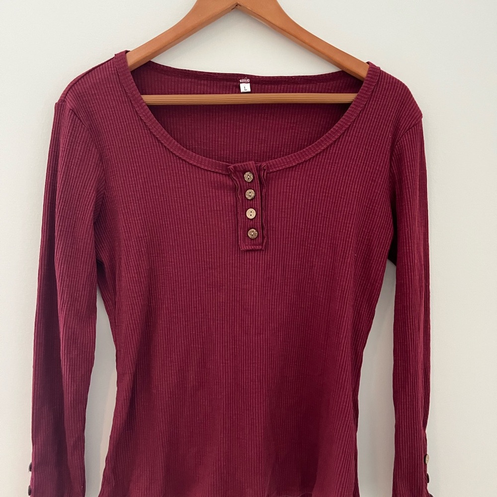 Burgundy Henley Long Sleeve Top